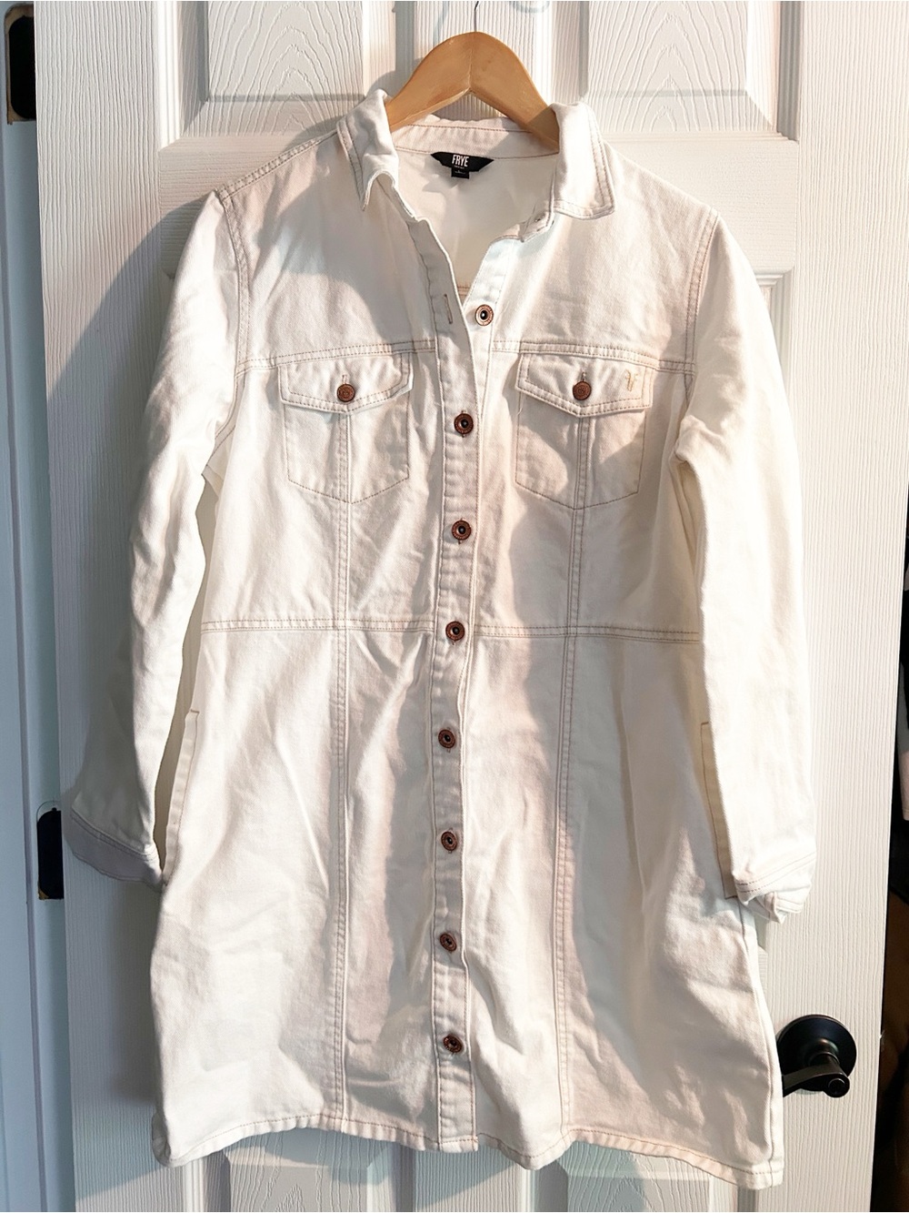 FRYE 100% Cotton White Denim Shirt Bone Cinched Waist Boho Western Rodeo Dress - Picture 4 of 10